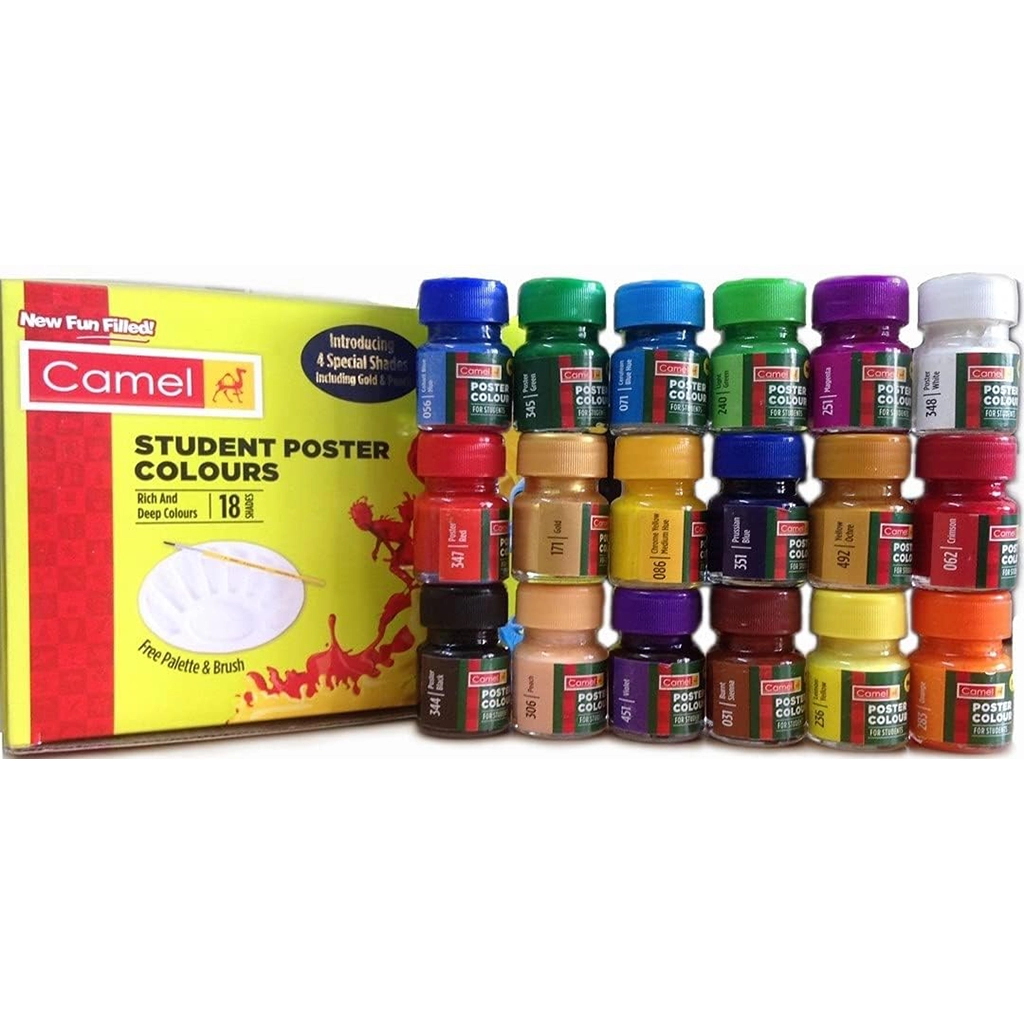 camlin-kokuyo-poster-colours-pack-18-shades-1 Camlin Kokuyo Camel Poster Colours Pack – 18 Shades (10ml Each) with Palette & Brush - Image 1