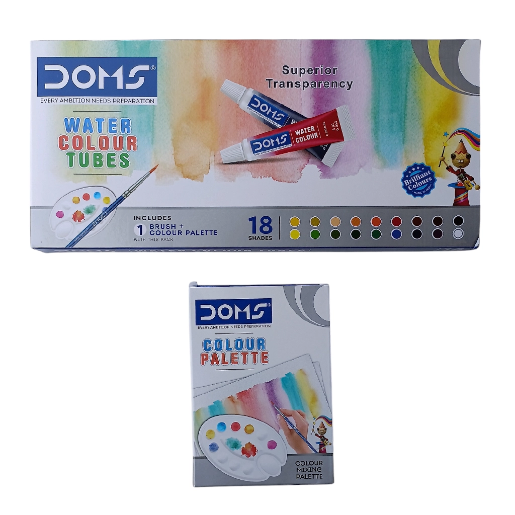 doms-water-colour-tubes-18-shades-1 Doms Water Colour Tubes – 18 Shades, Unleash Vibrant Creativity (18 Assorted Shades, 1 Paint Brush & 1 Palette) - Image 1
