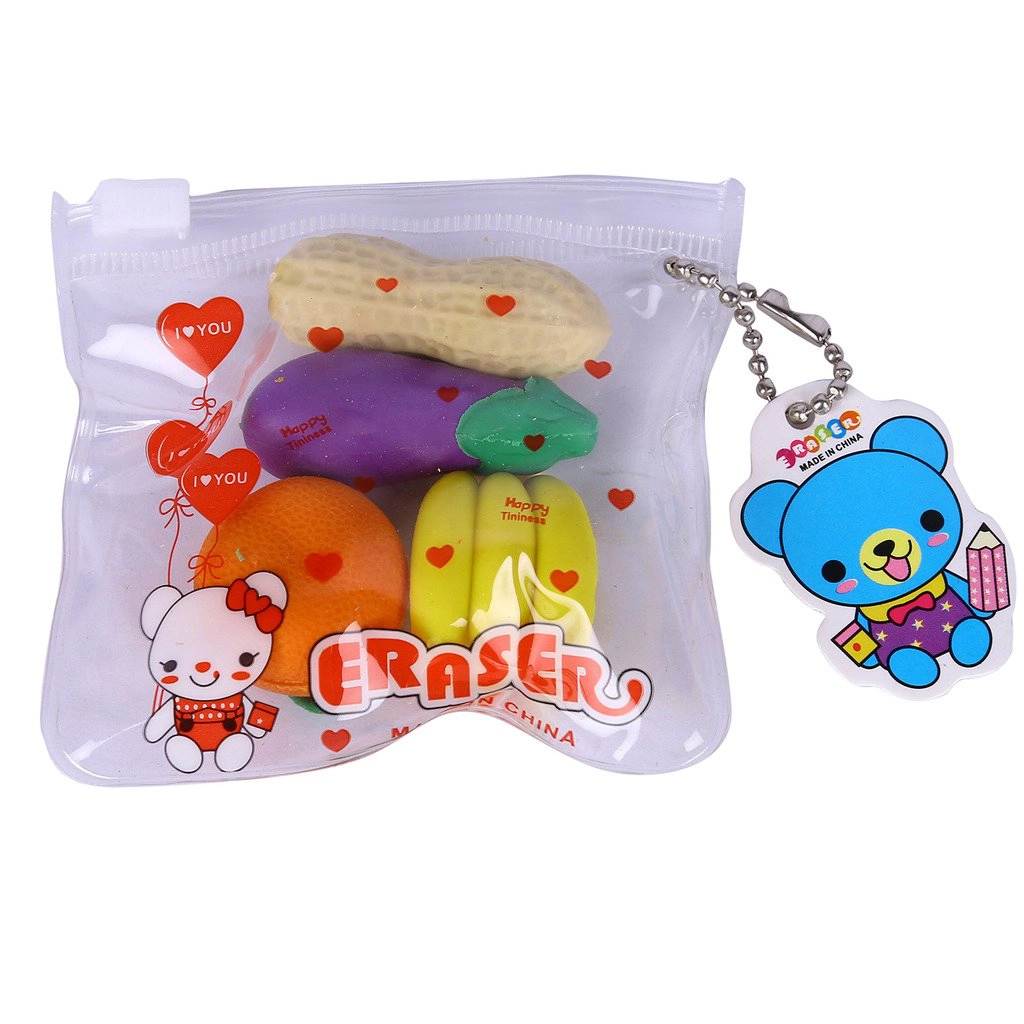 fancy-vegetables-fruit-shaped-erasers-1 Fancy Vegetables & Fruit Shaped Erasers – Fun & Functional Stationery for Kids (Availability, Pack of 4) - Image 1