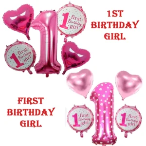 Party Decoration – 1st/ First Birthday Girl, Big Foil Helium Balloons Set for Elevate Every Celebration! (Pack of 5 pcs)